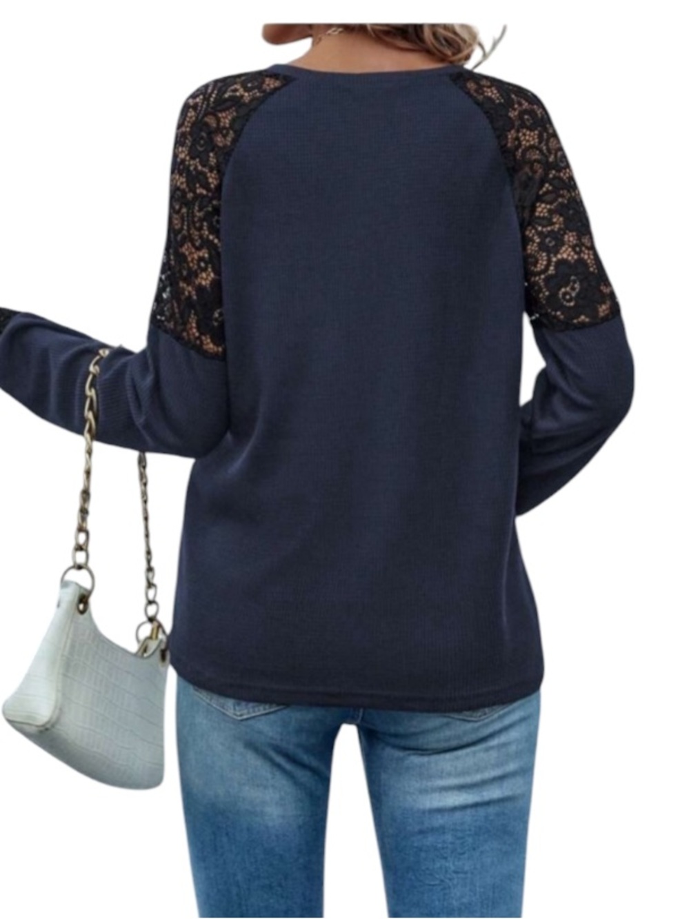 SHEIN LUNE Contrast Lace Raglan Sleeve Tee size S navy blue
